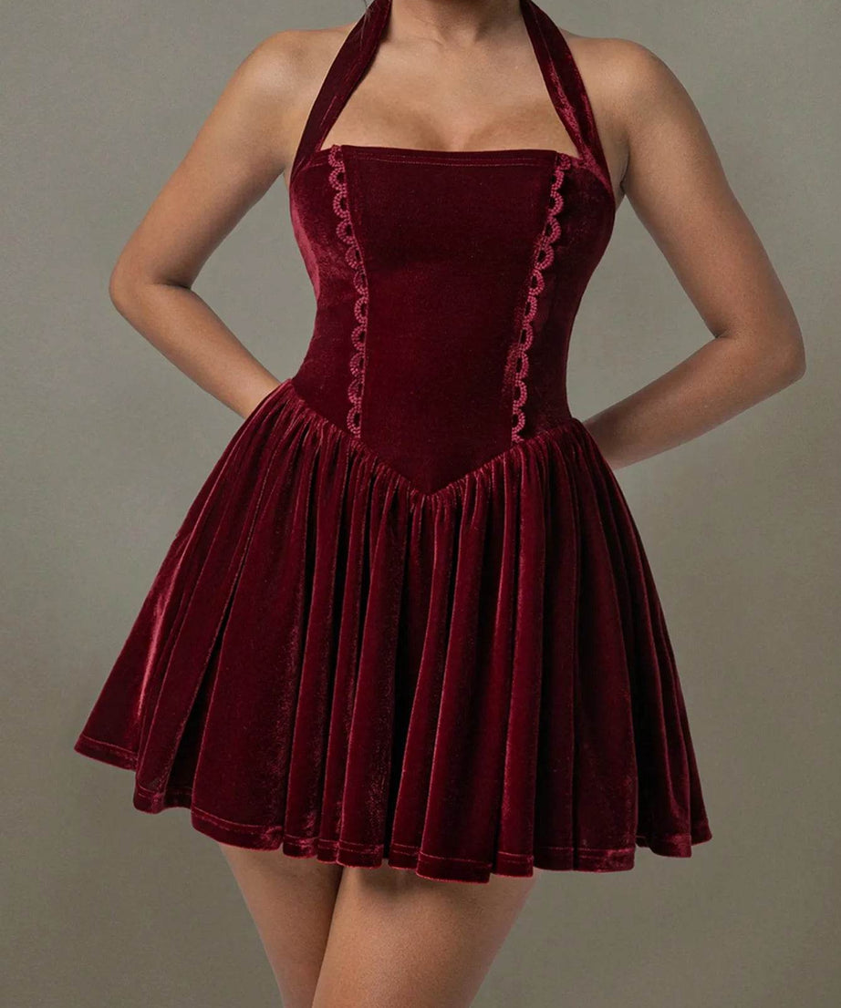 Velvet Halter Skater Dress - ELY VESSA LLC