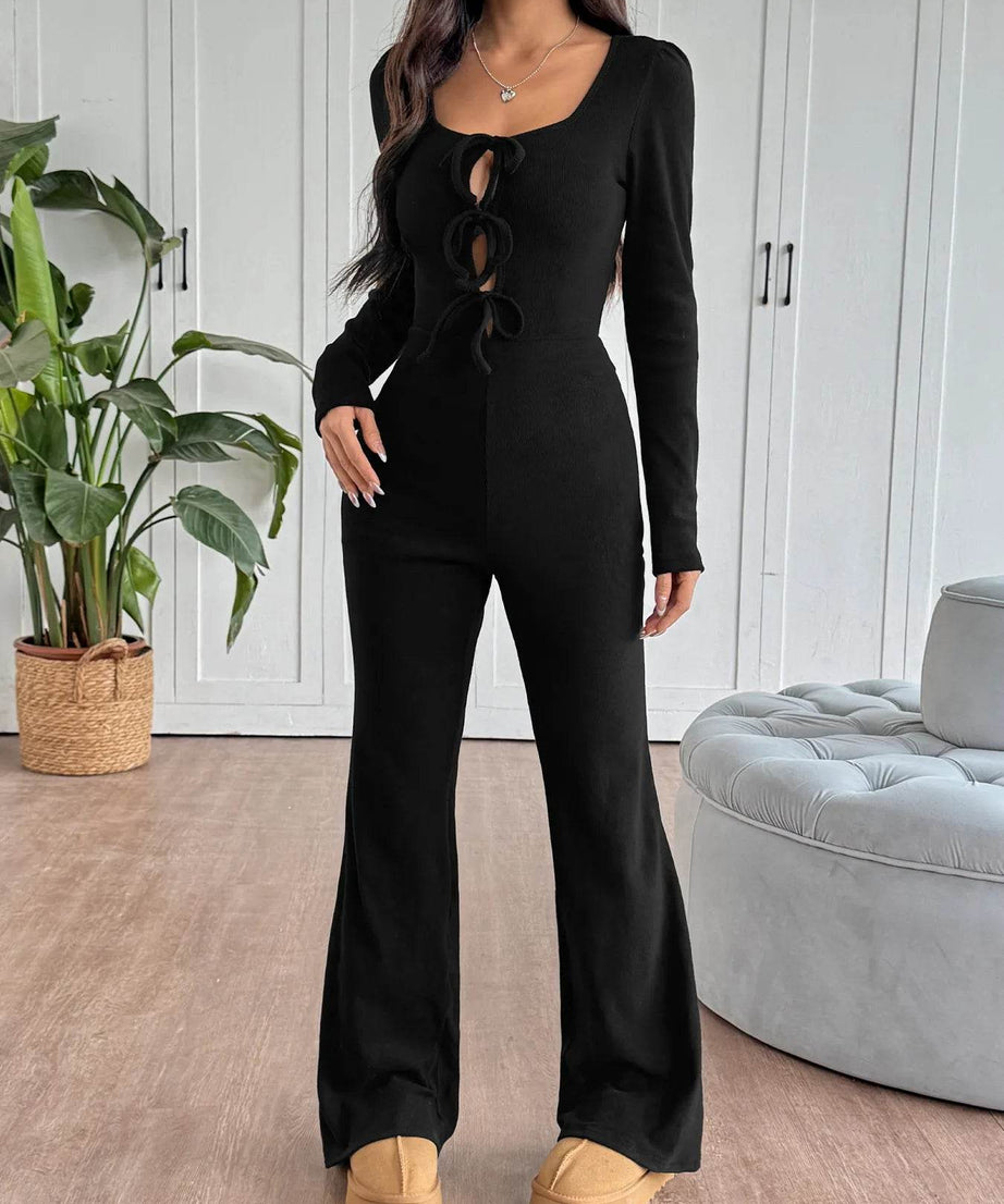 Tie Front Long Sleeve Flare Jumpsuit - ELY VESSA LLC