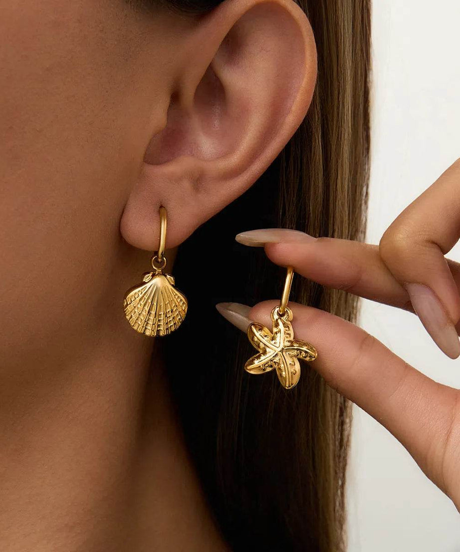 Vintage Gold Seashell & Starfish Drop Earrings - ELY VESSA LLC