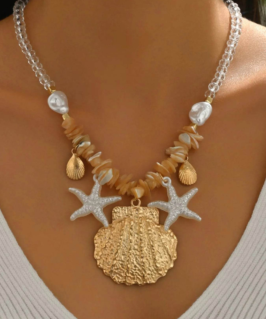 18K Gold-Plated Beach Shell Starfish Pendant Necklace - ELY VESSA LLC