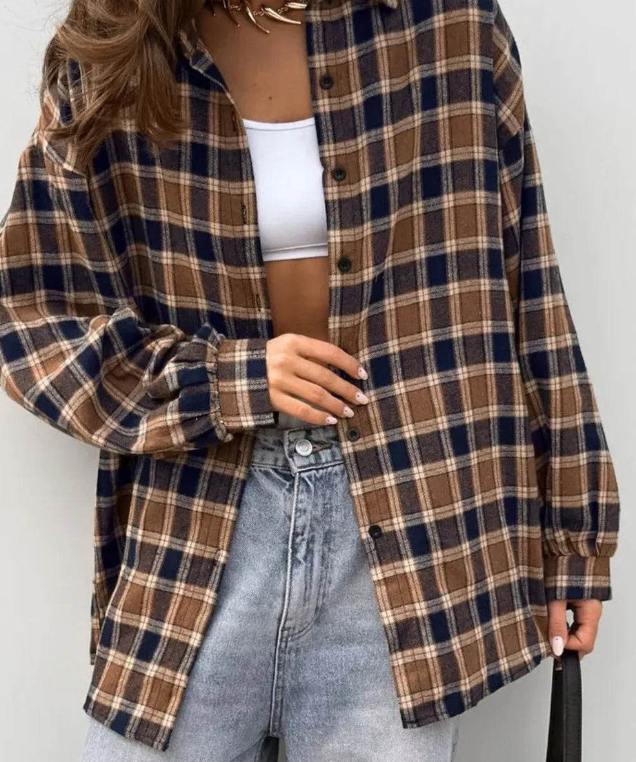 Plaid Button Up Drop Shoulder Shacket - ELY VESSA LLC