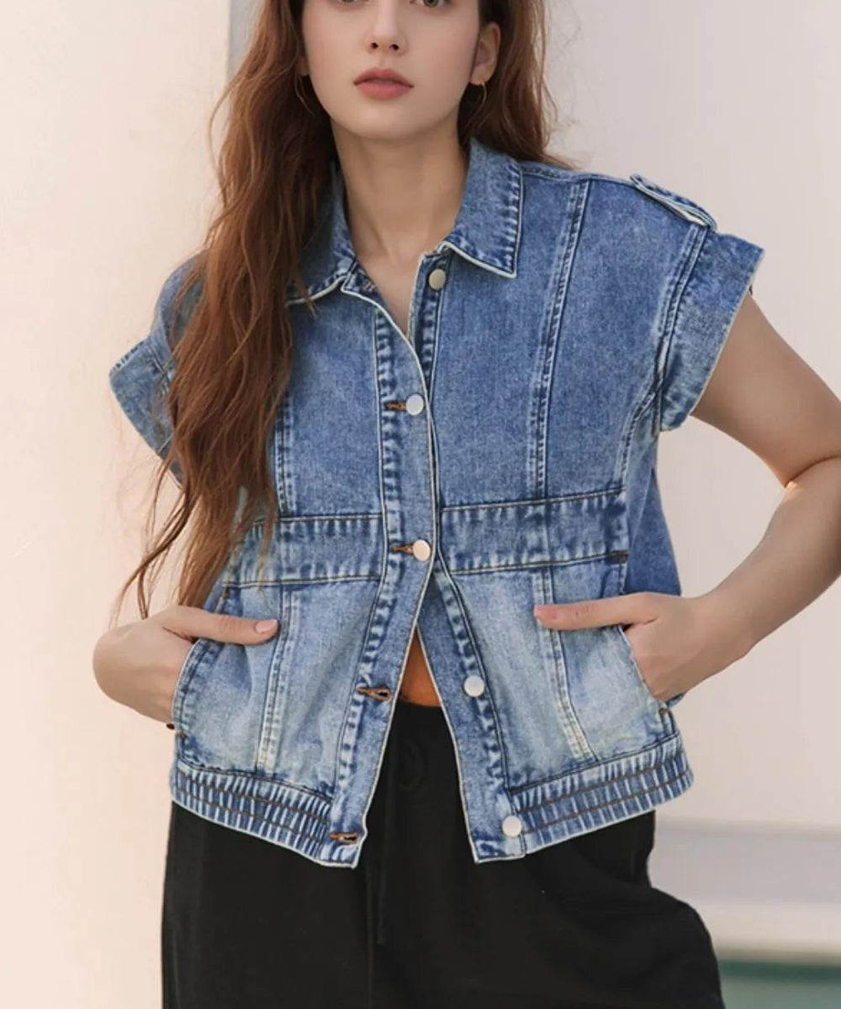 Button Up Cap Sleeve Denim Jacket - ELY VESSA LLC