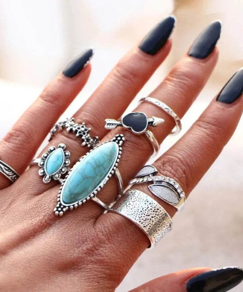 Turquoise Alloy 8-Piece Ring Set - ELY VESSA LLC