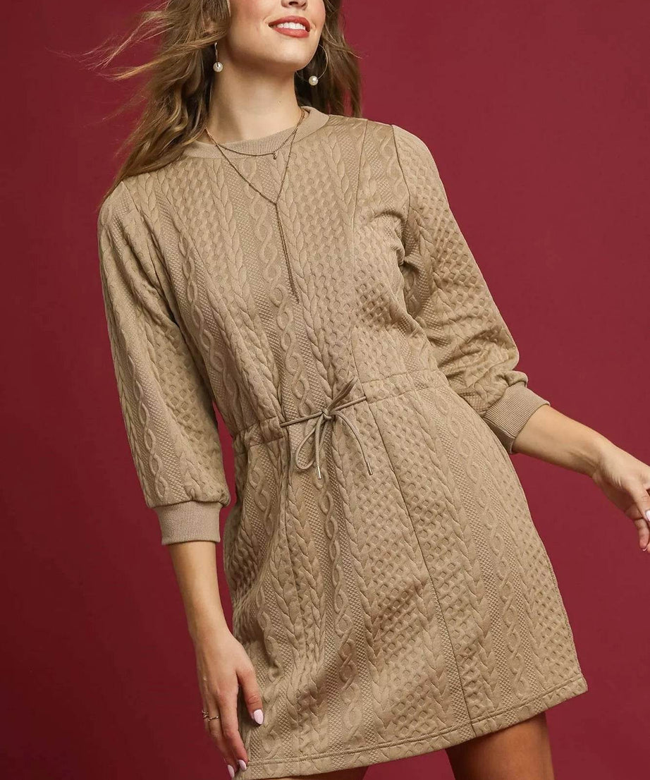 Umgee Drawstring Cable Knit Mini Dress with Pockets - ELY VESSA LLC