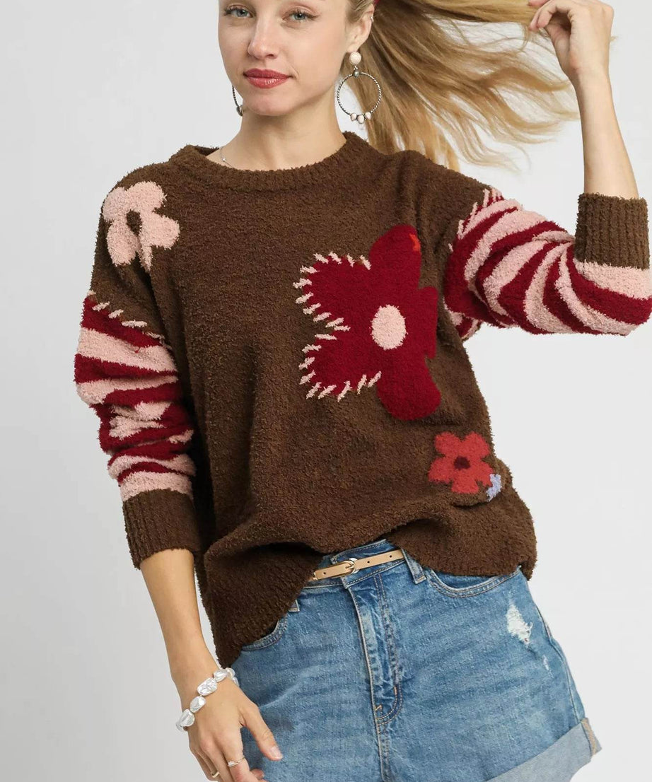 Umgee Flower Jacquard Striped Long Sleeve Sweater - ELY VESSA LLC