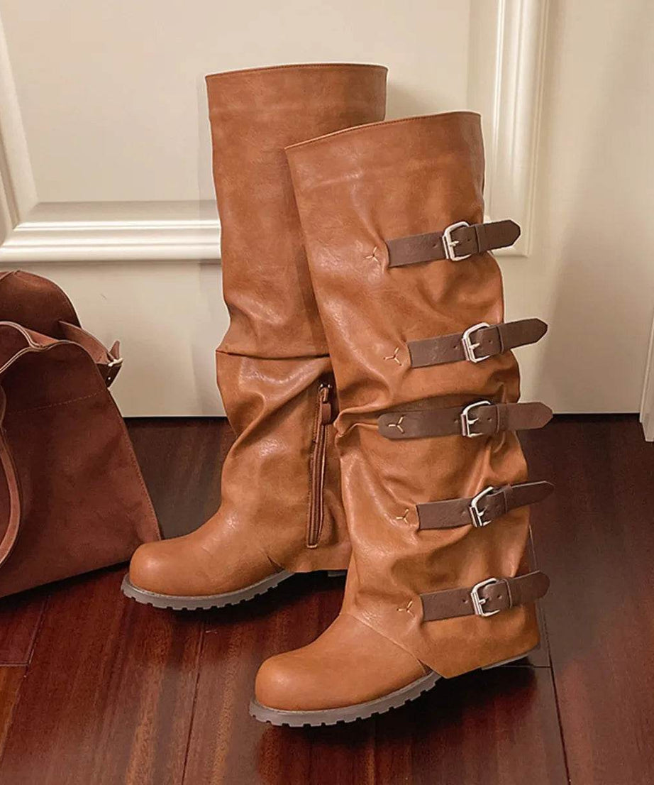 Multi-Buckle Knee-High Boots - ELY VESSA LLC