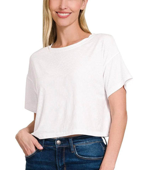 Zenana Ribbed Round-Neck Crop T-Shirt - ELY VESSA LLC