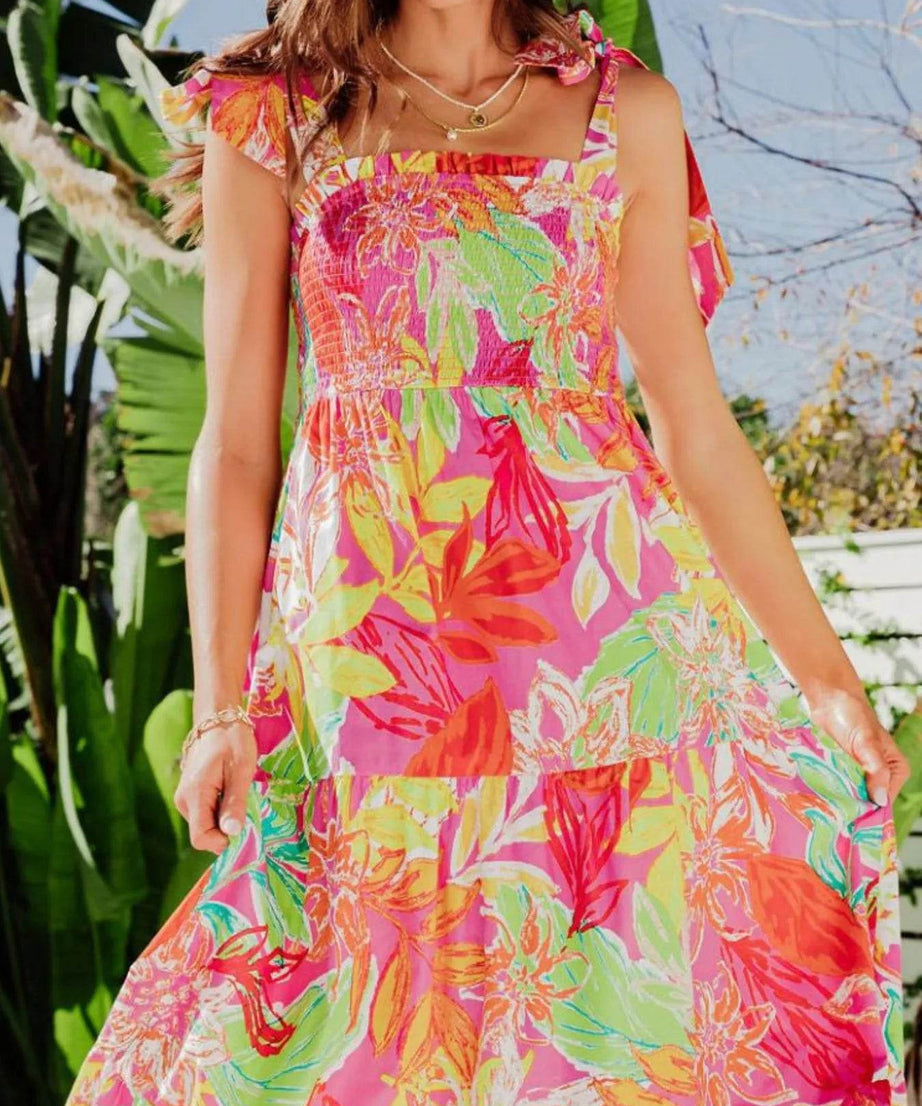 Tropical Print Tie Shoulder Maxi Dress - ELY VESSA LLC