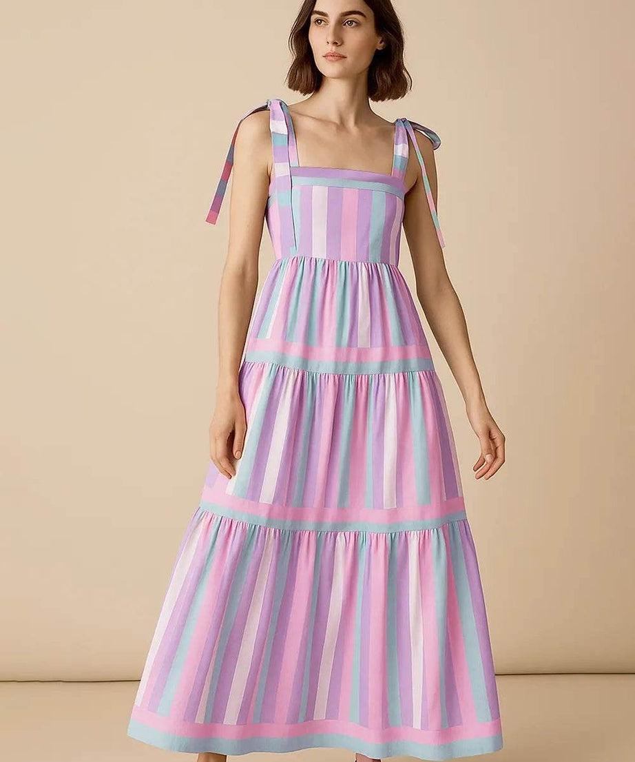 Striped Tiered Maxi Summer Dress with Bow Shoulder Ties - ELY VESSA LLC