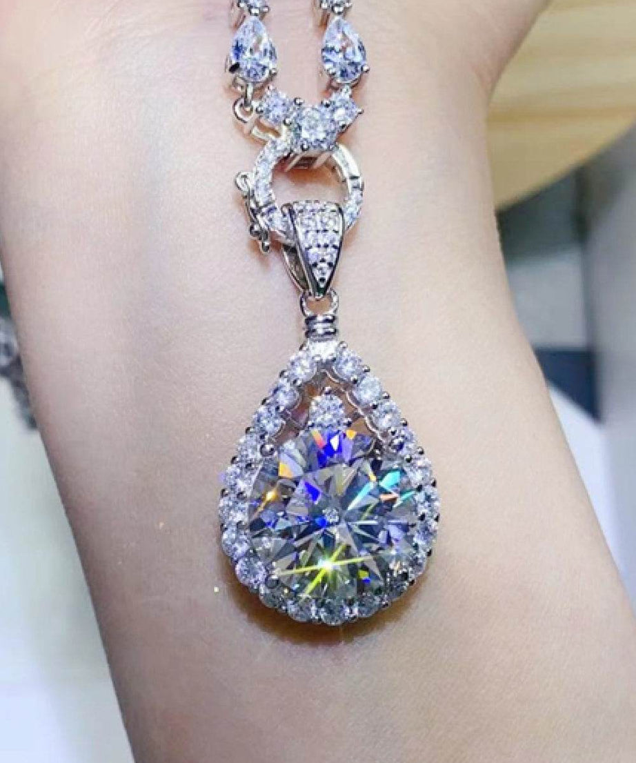 10 Carat Moissanite Teardrop Pendant Platinum-Plated Necklace - ELY VESSA LLC