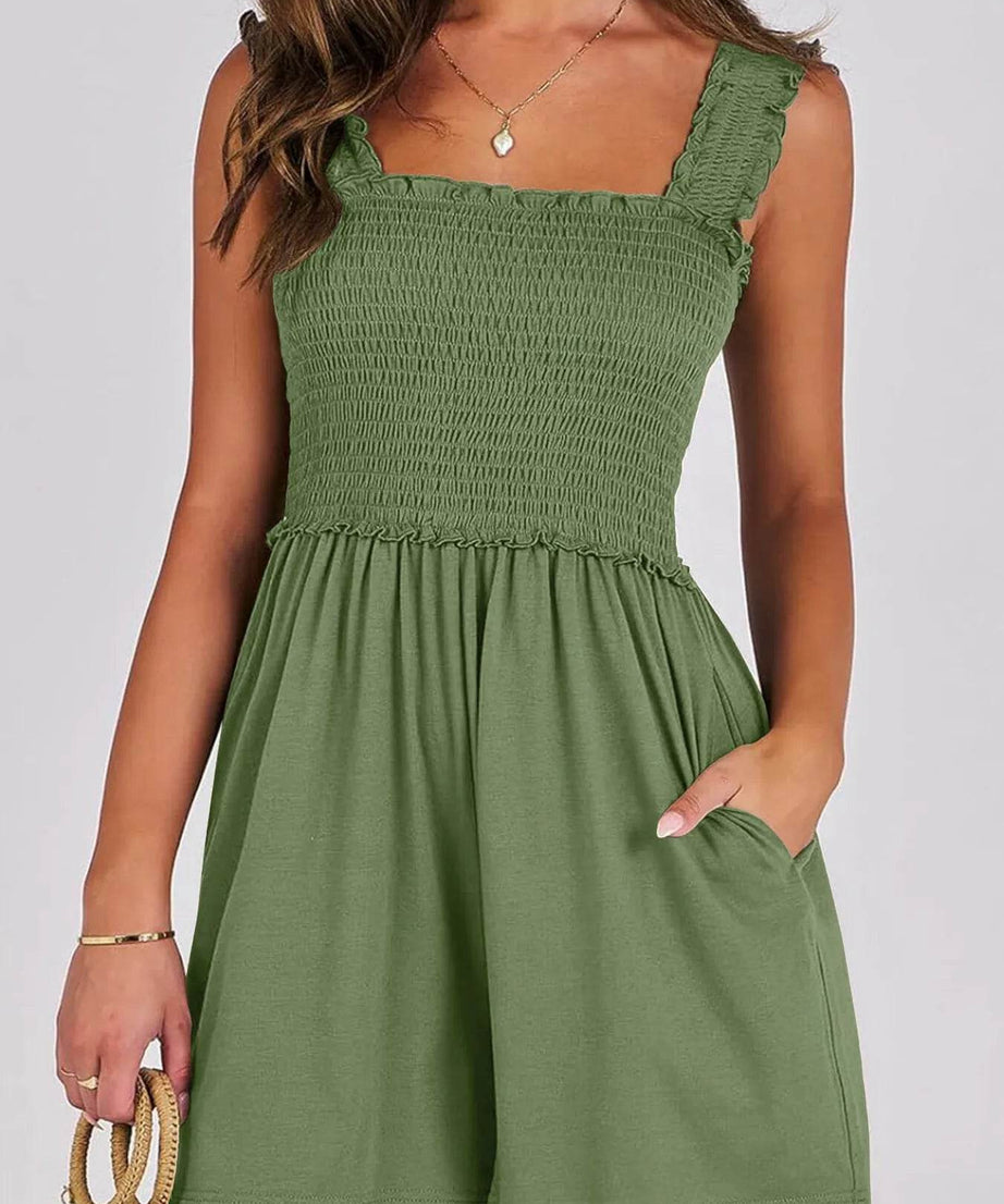 Smocked Square Neck Sleeveless Romper - ELY VESSA LLC