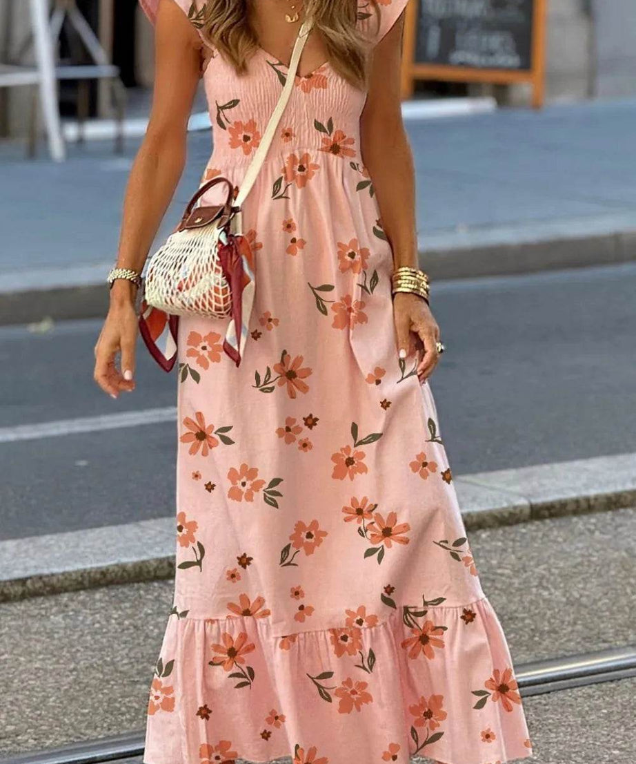 Ruffled Smocked Cap Sleeve Printed Maxi Dress - ELY VESSA LLC