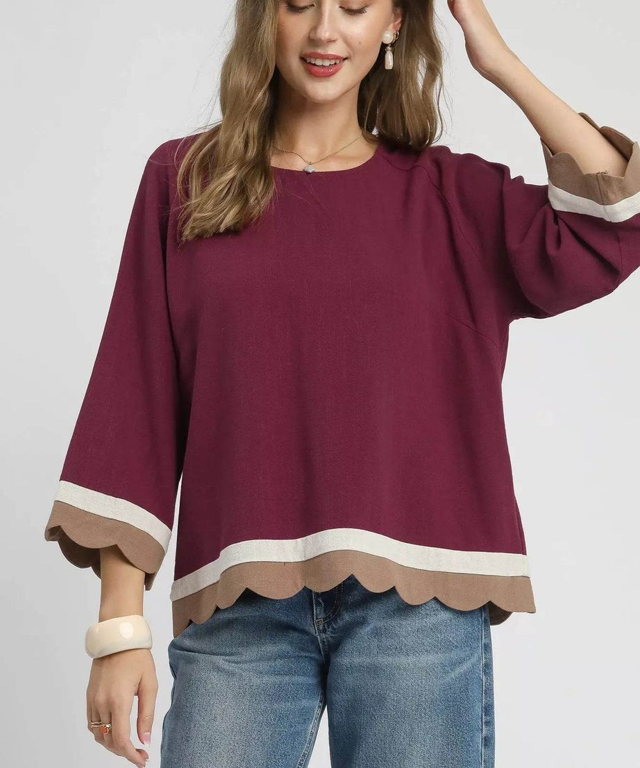 Umgee Scalloped Hem Color Block Top - ELY VESSA LLC