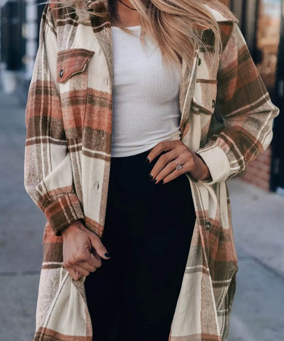 Pocketed Plaid Collared Neck Shacket - ELY VESSA LLC