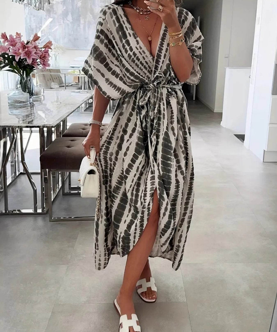 Tie-Dye Tie Waist Wrap Dress - ELY VESSA LLC