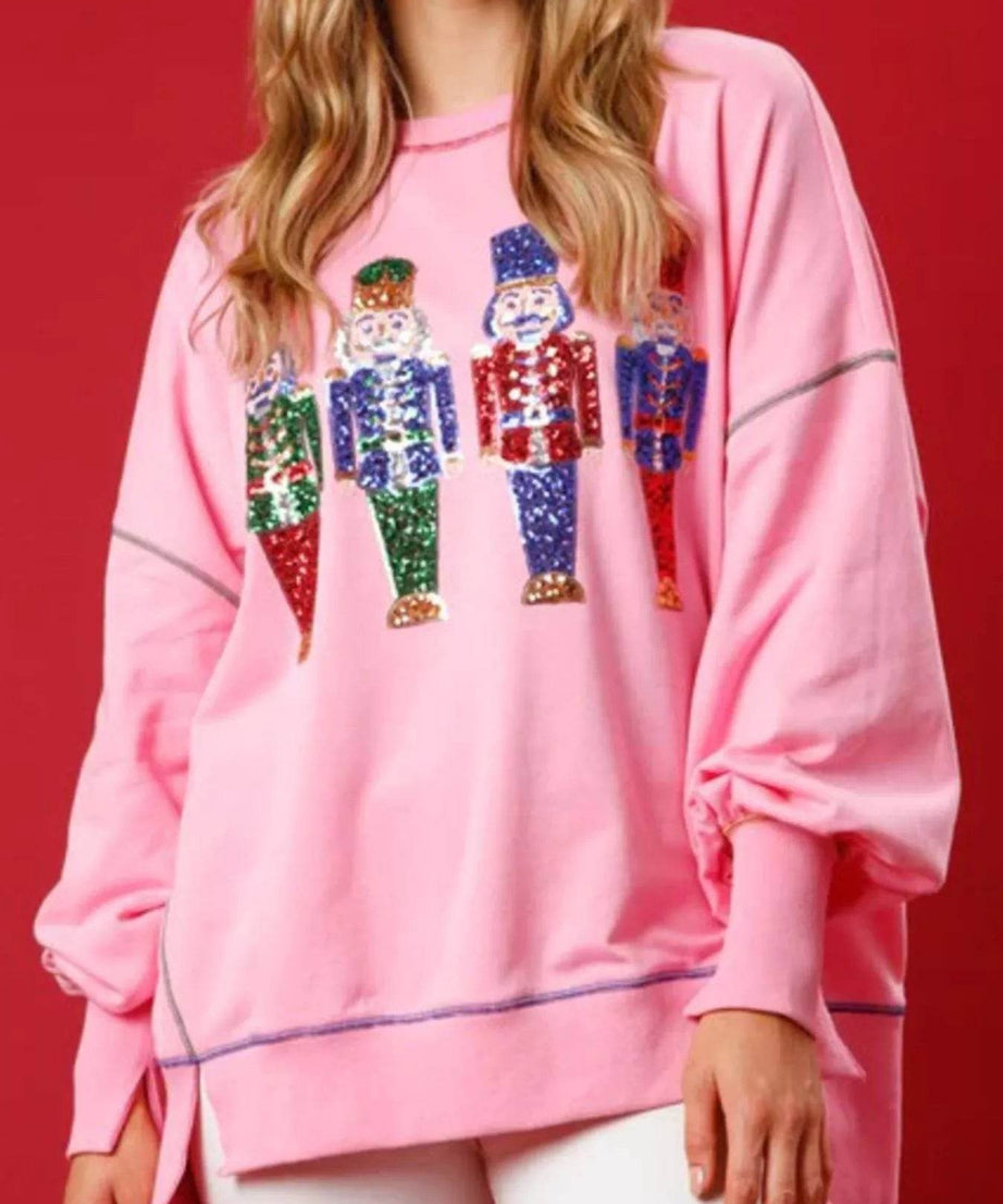 Christmas Nutcracker Sequin Round Neck Sweatshirt - ELY VESSA LLC