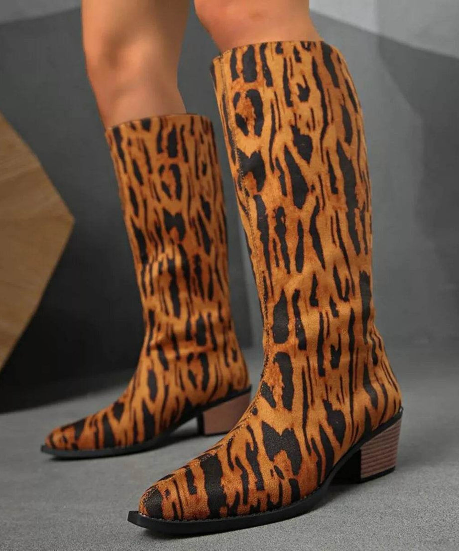 Animal Print Point Toe Block Heels Boots - ELY VESSA LLC