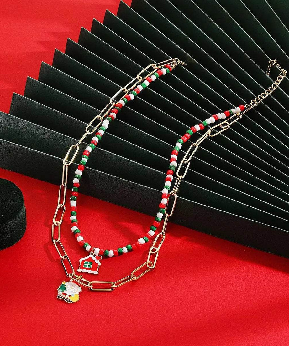 Christmas Double-Layer Necklace with Colorful Beads and Pendant - ELY VESSA LLC