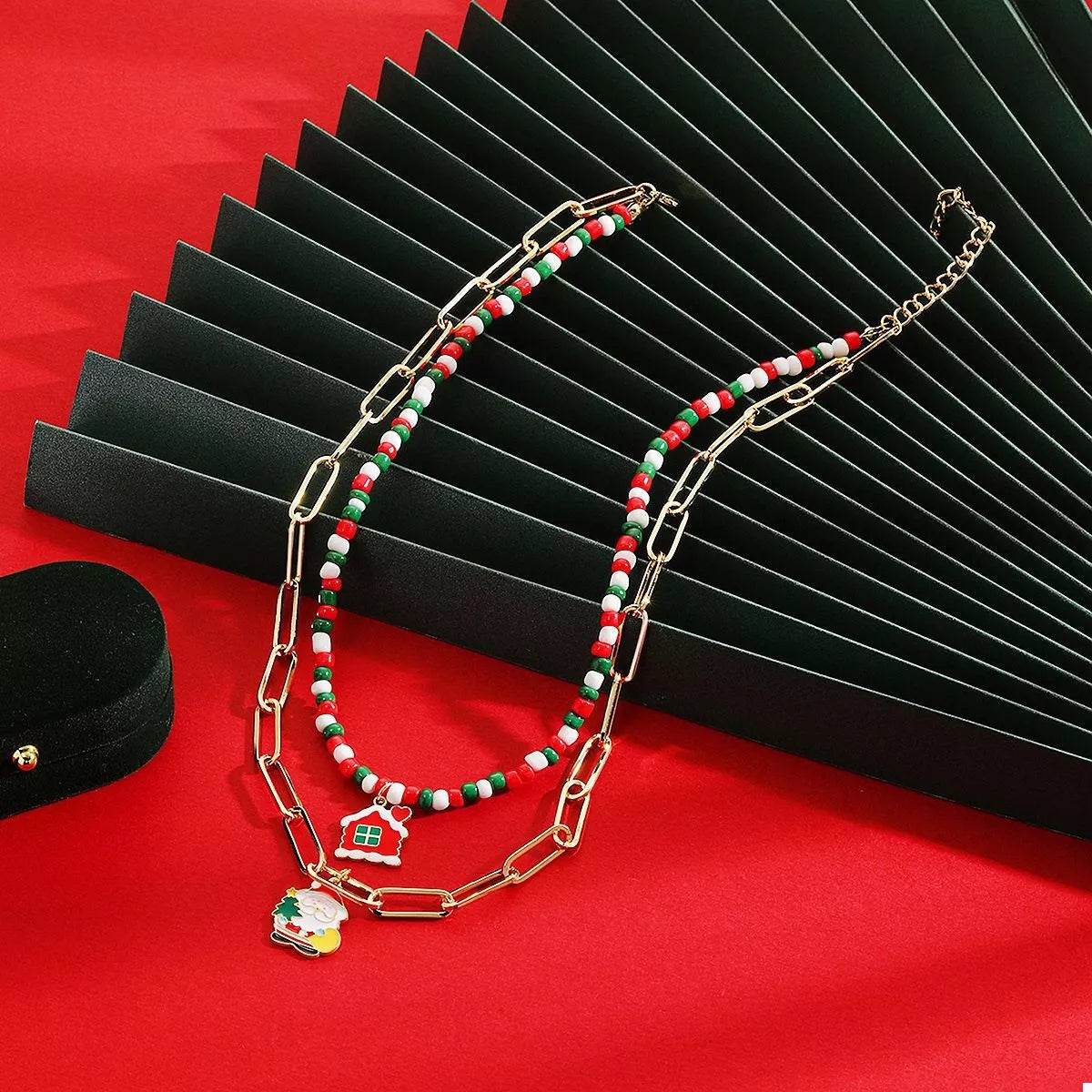 Christmas Double-Layer Necklace with Colorful Beads and Pendant - ELY VESSA LLC