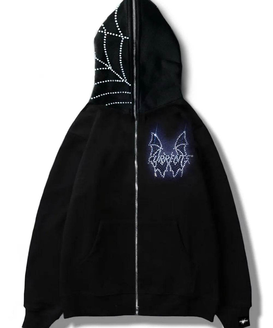 Men's Rhinestone Bat Zip Up Hoodie - ELY VESSA LLC