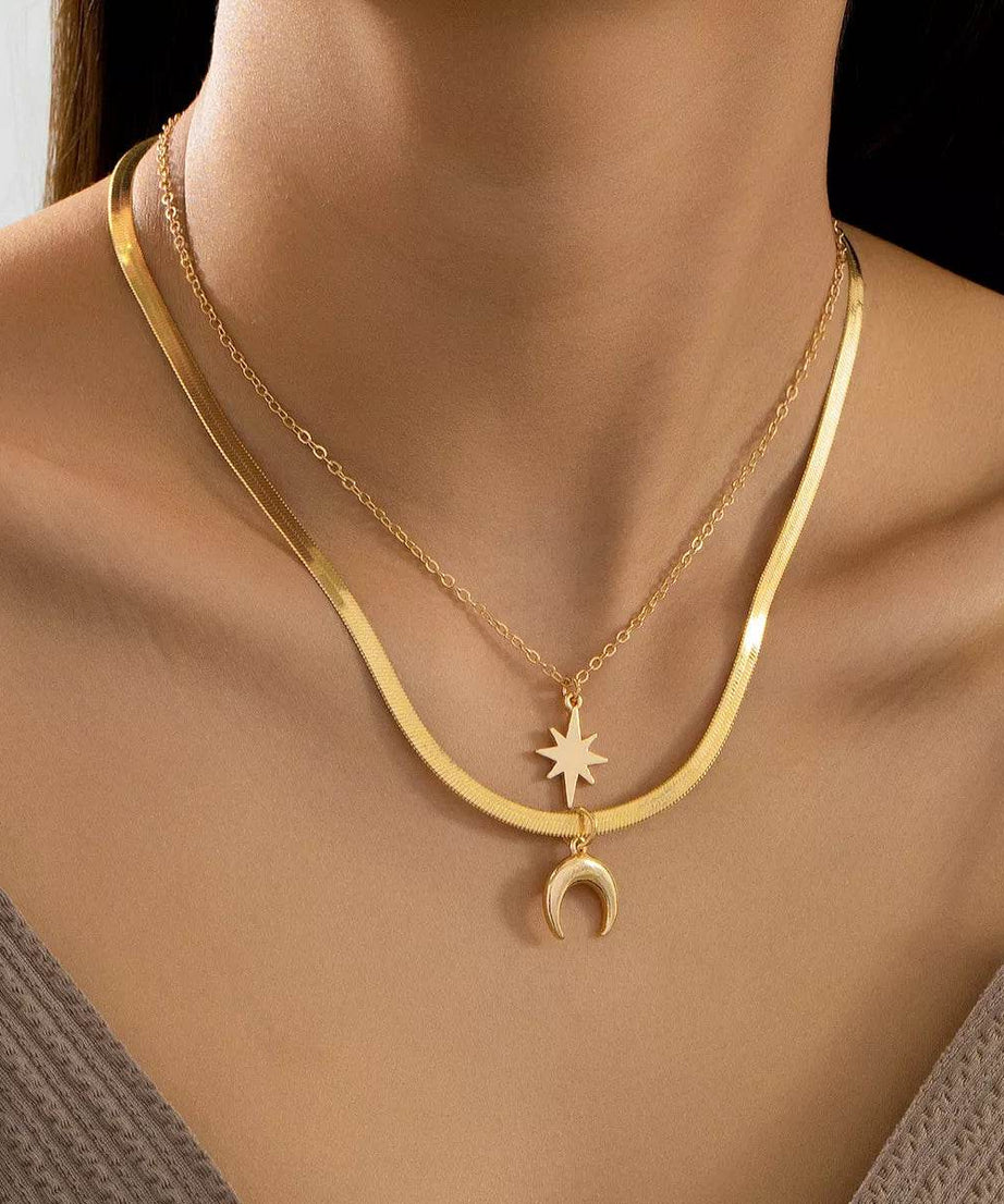2 Piece 18K Gold-Plated Moon & Star Necklace - ELY VESSA LLC