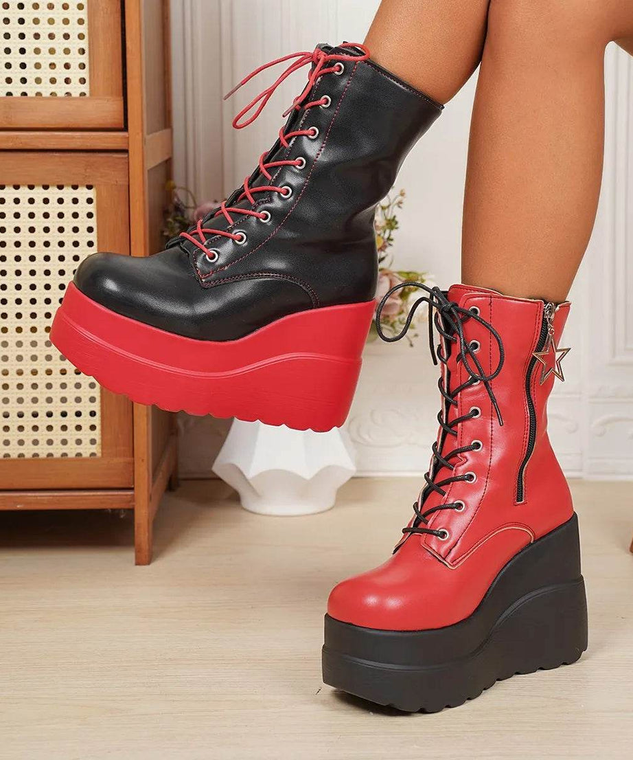 Color Block Platform Wedge Boots - ELY VESSA LLC