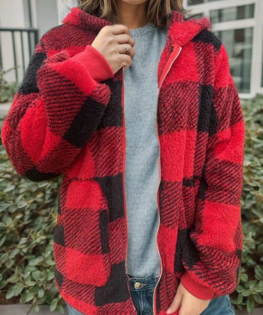 Double Take Full Size Plaid Long Sleeve Hooded Coat - ELY VESSA LLC