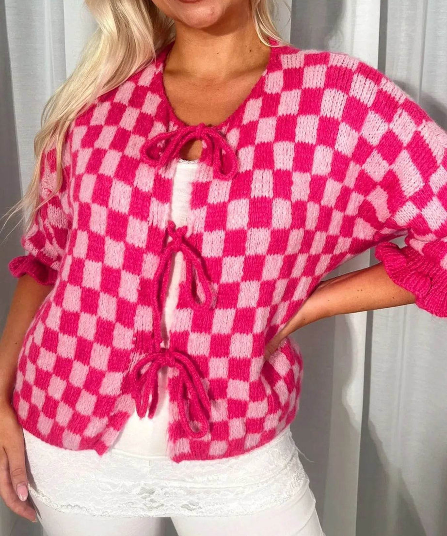 Checkered Tie-Front Knit Cardigan - ELY VESSA LLC