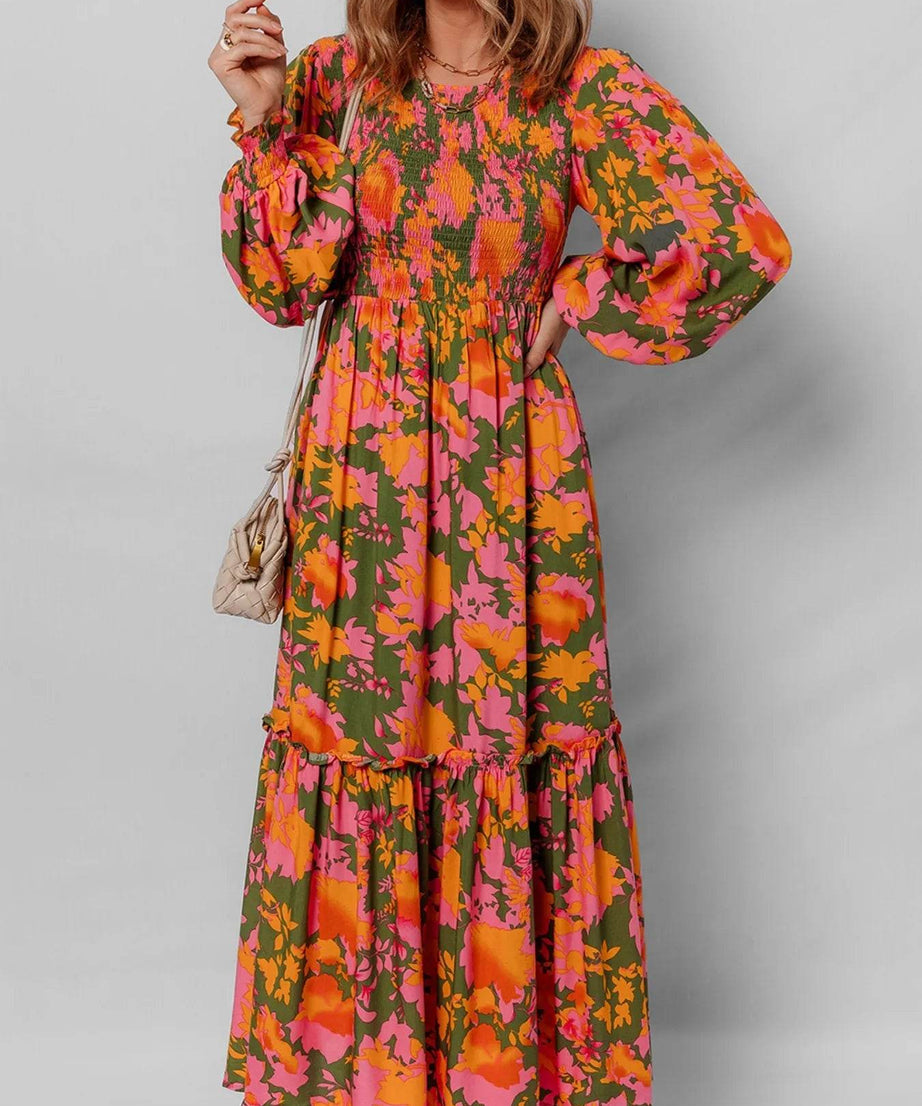 Smocked Floral Print Long Sleeve Maxi Dress - ELY VESSA LLC