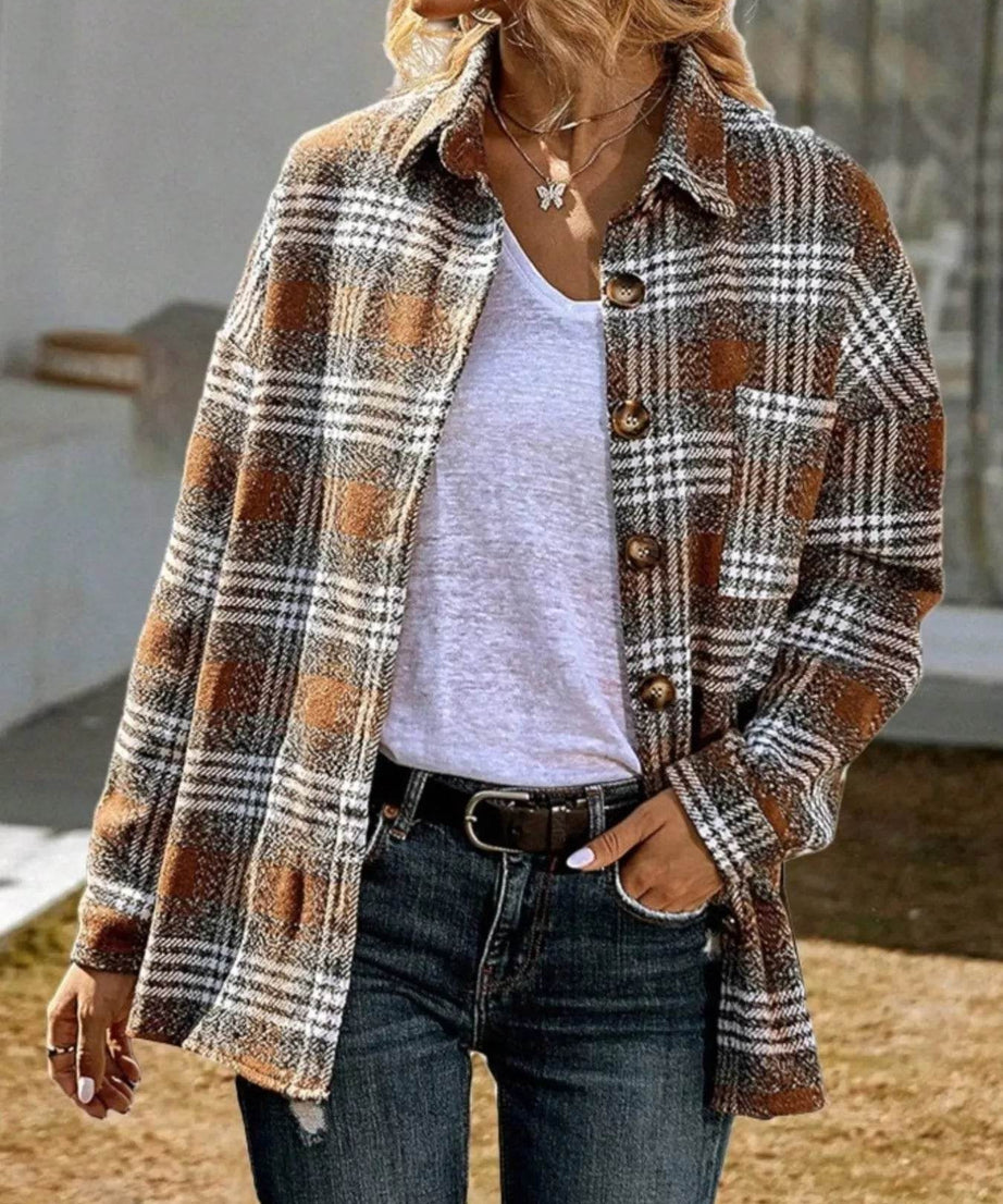 Plaid Button Up Long Sleeve Shacket - ELY VESSA LLC
