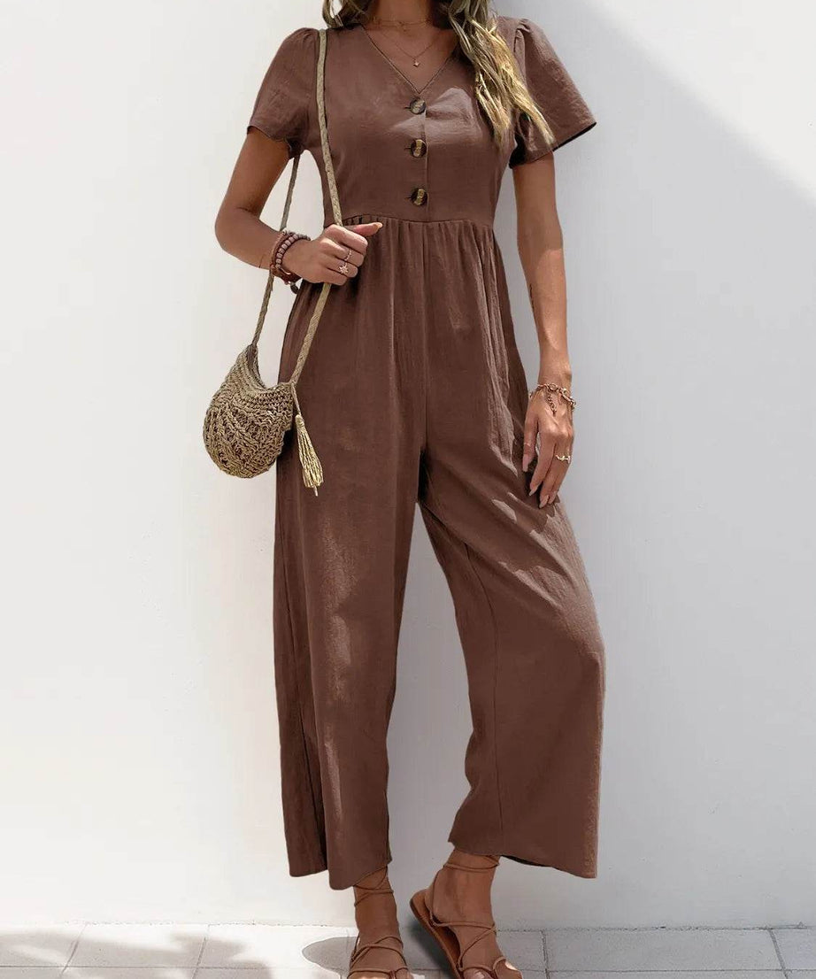 V-Neck Short Sleeve Wide Leg Jumpsuit - ELY VESSA LLC