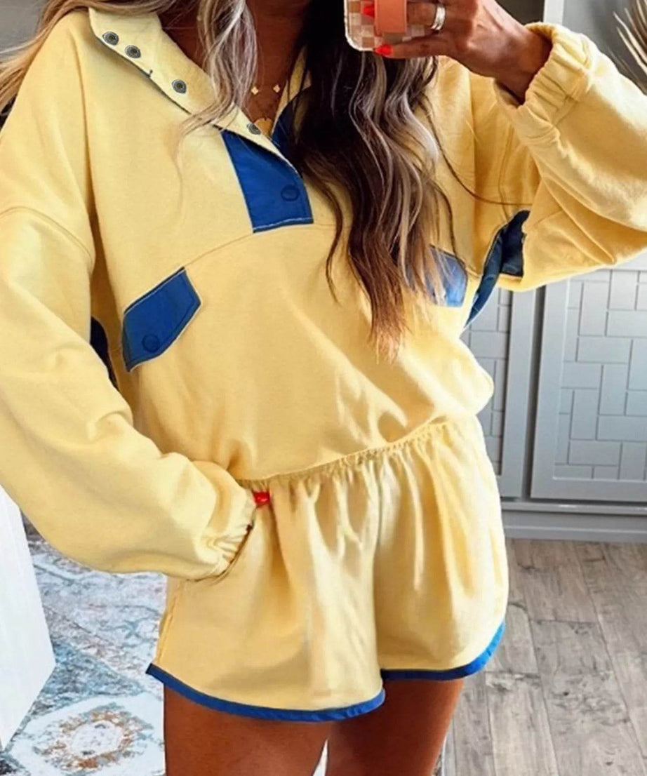 Color Block Patchwork Half Button Top and Shorts 2pcs Set - ELY VESSA LLC