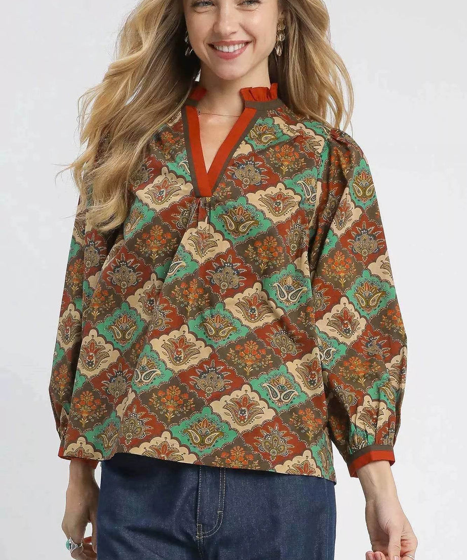 Umgee Abstract Print Ruffle Neck Top - ELY VESSA LLC