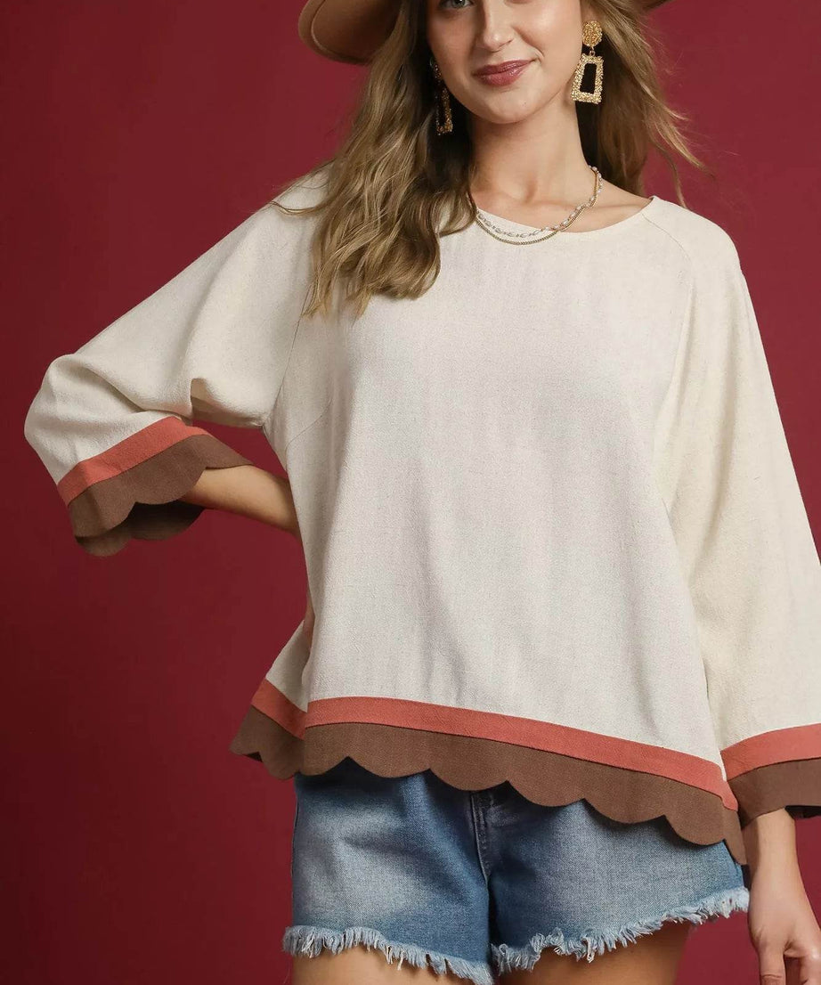 Umgee Scalloped Hem Color Block Top - ELY VESSA LLC
