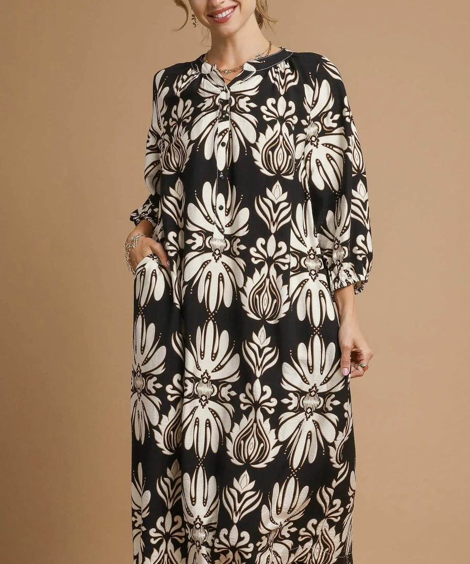 Umgee Mix Abstract Floral Print Midi Dress - ELY VESSA LLC