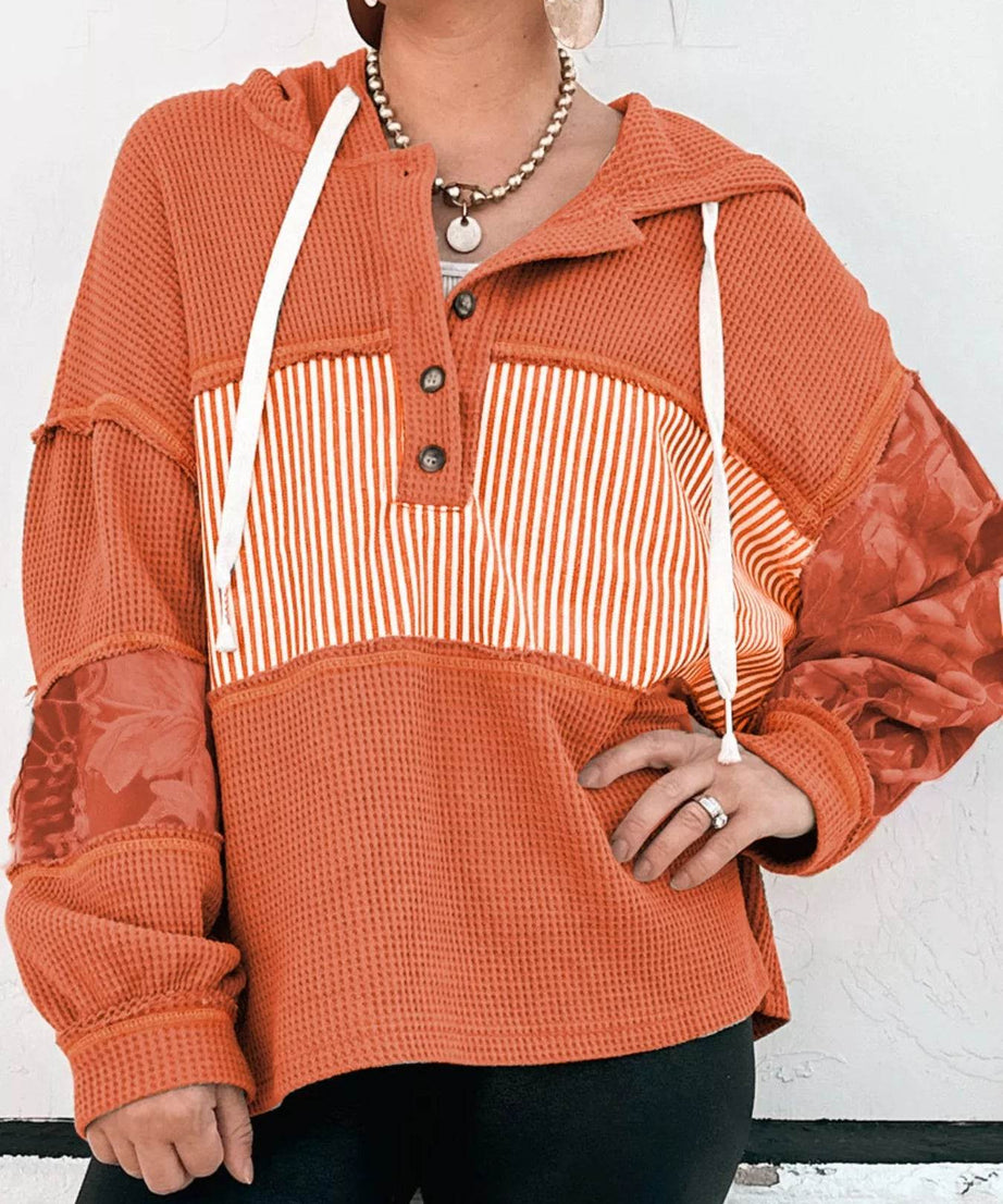 Waffle Knit Color Block Striped Drawstring Hoodie - ELY VESSA LLC