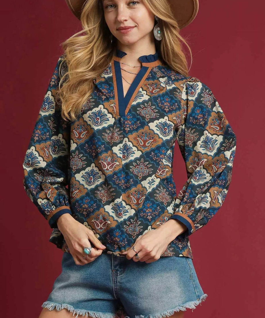 Umgee Abstract Print Ruffle Neck Top - ELY VESSA LLC
