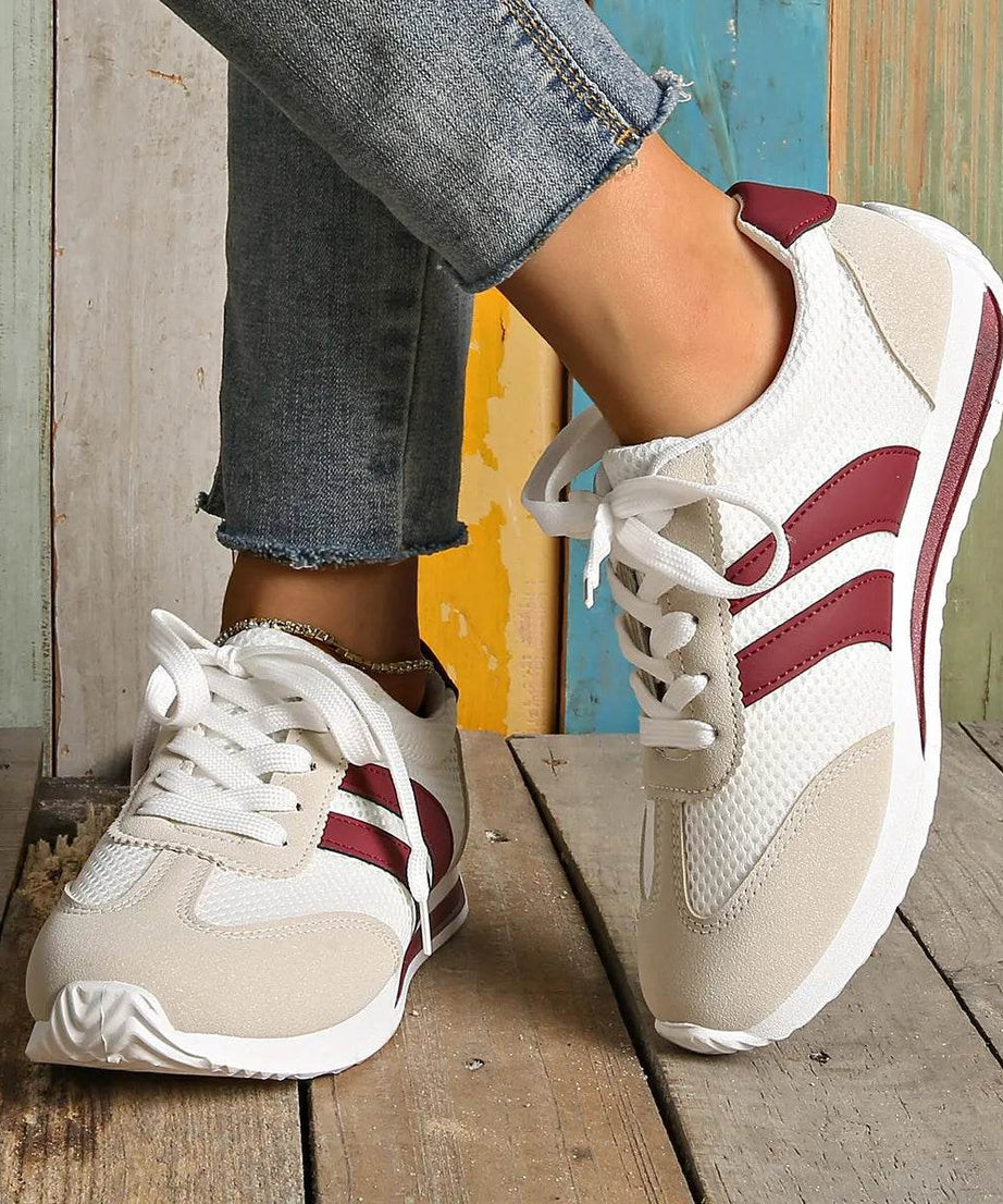 Striped Contrast Mesh Lace Up Sneakers - ELY VESSA LLC