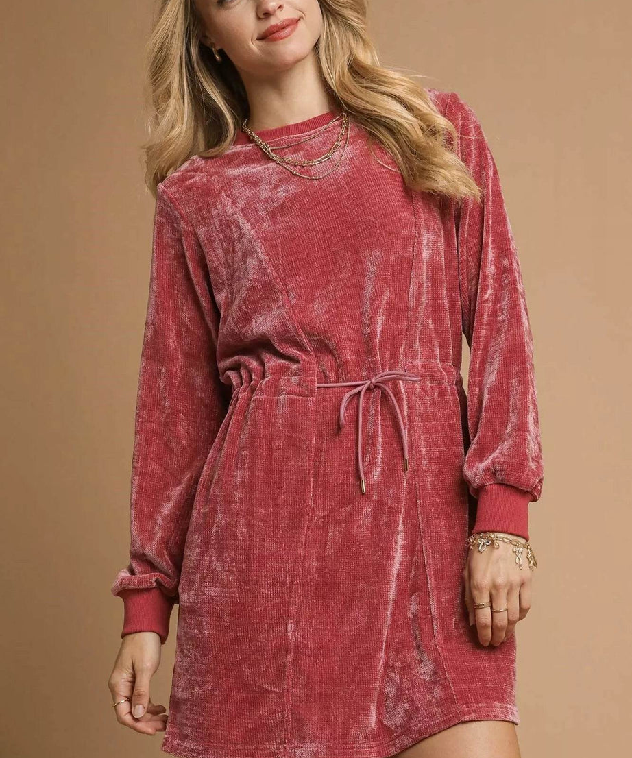 Umgee Velour Drawstring Mini Dress with Long Sleeves - ELY VESSA LLC