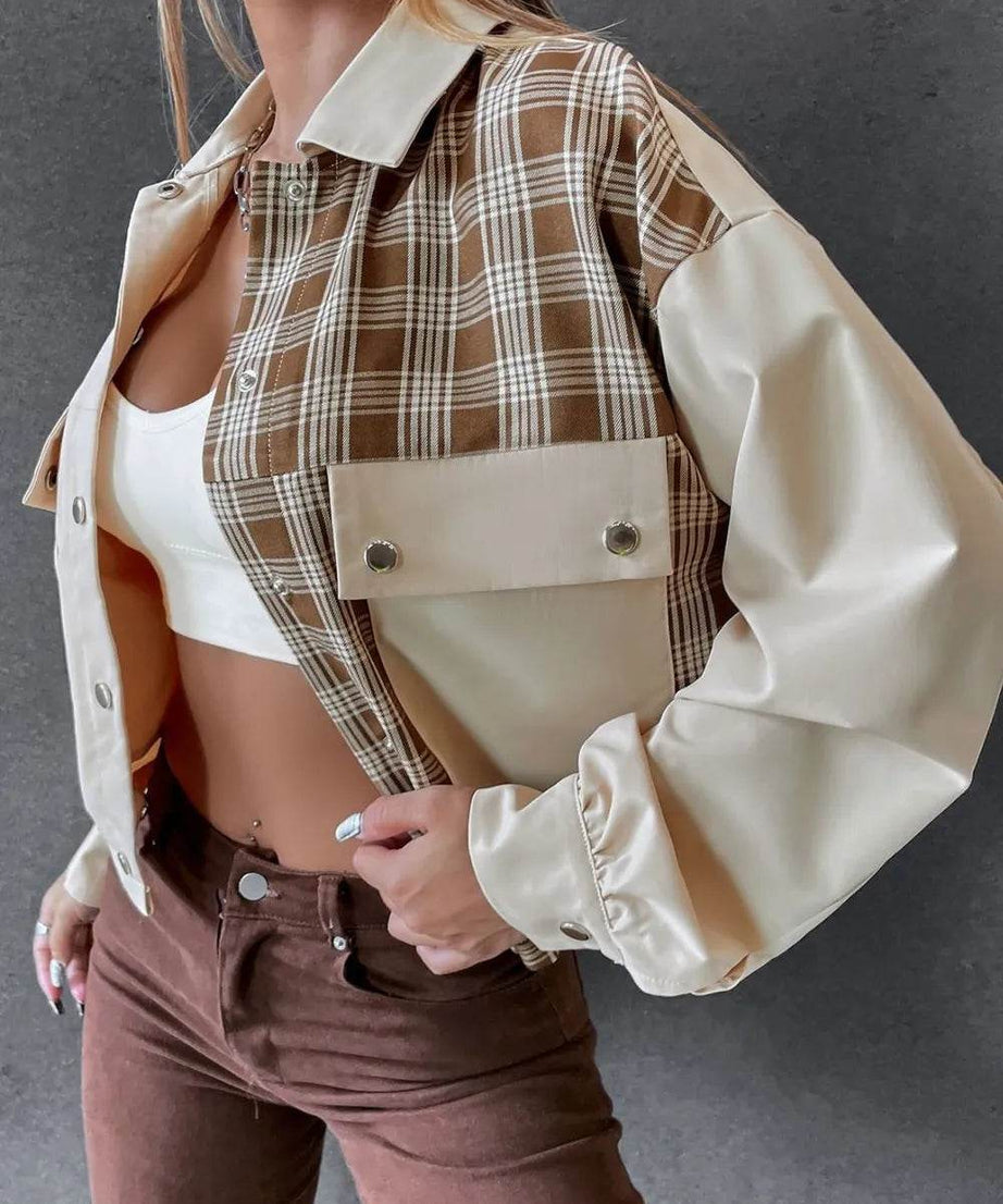 Snap Down Color Block Plaid Jacket - ELY VESSA LLC