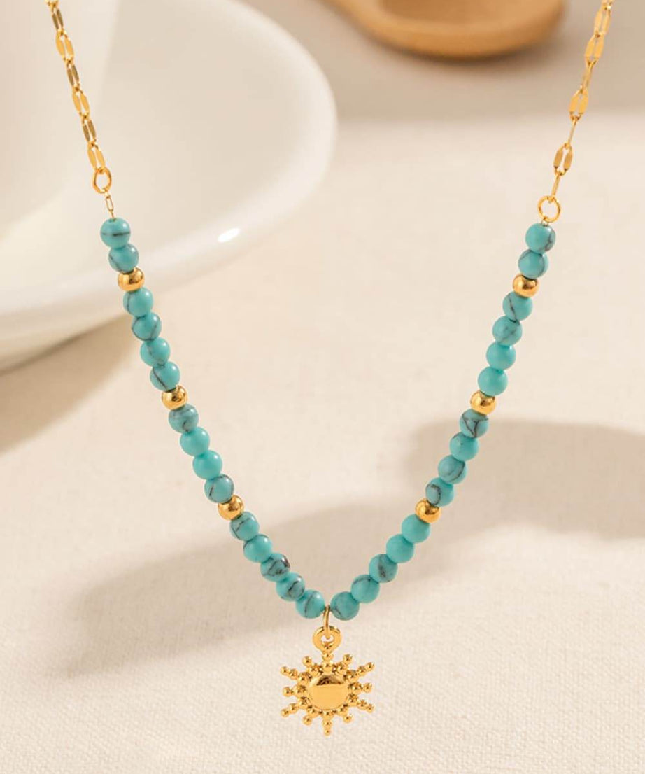 Turquoise Beaded 18K Gold-Plated Sun Shape Pendant Necklace - ELY VESSA LLC