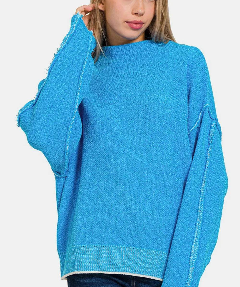 Zenana Exposed Seam Mock Neck Long Sleeve Sweater - ELY VESSA LLC