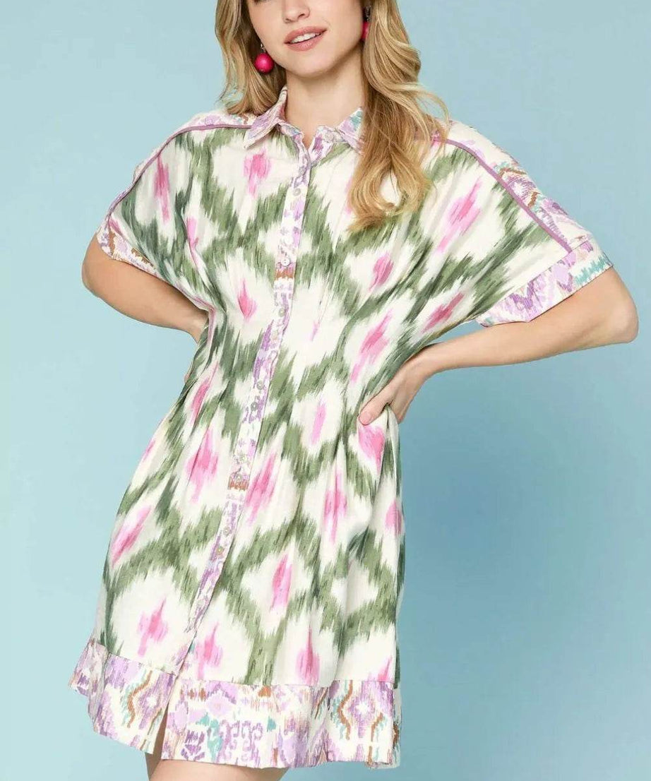 Umgee Ethnic Print Short Sleeve Mini Shirt Dress - ELY VESSA LLC