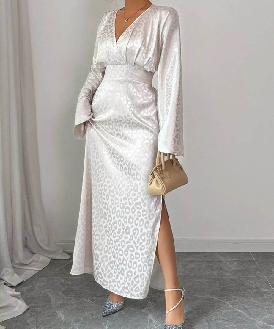 Leopard Surplice Long Sleeve Maxi Dress - ELY VESSA LLC