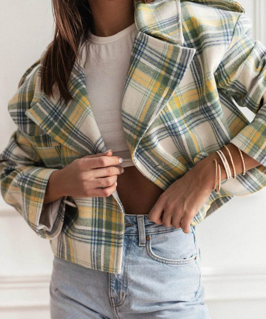 Lapel Collar Plaid Cropped Jacket - ELY VESSA LLC