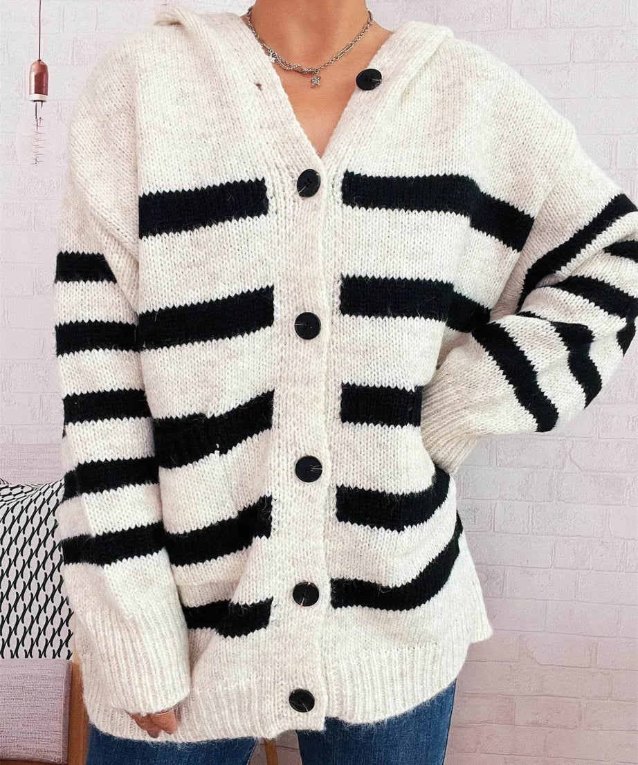 Striped Button-Up Hooded Cardigan - ELY VESSA LLC