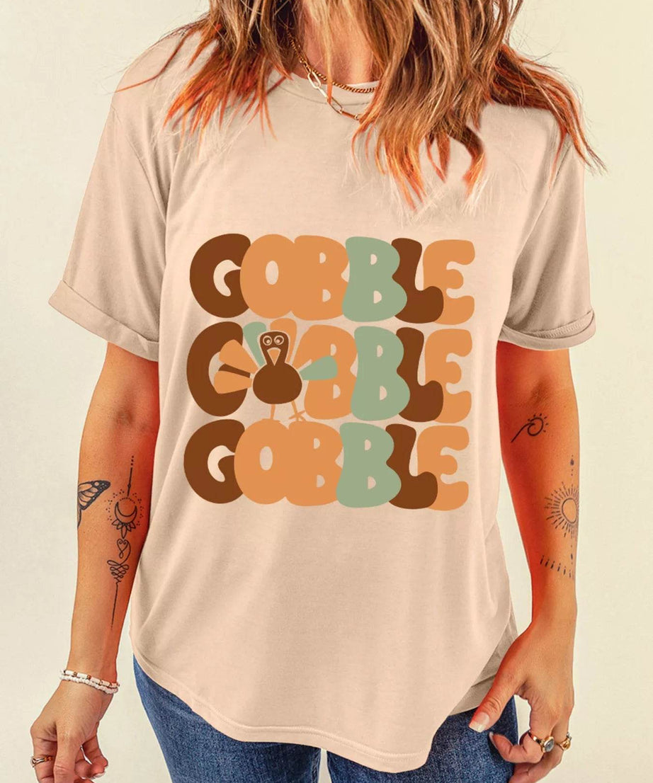 GOBBLE Turkey Graphic Thanksgiving Round Neck Tee - ELY VESSA LLC