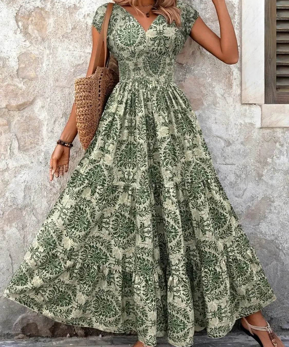 Vintage Floral Cap Sleeve Maxi Dress - ELY VESSA LLC