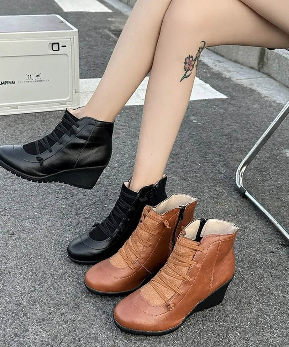 Lace Up Wedge Boots - ELY VESSA LLC