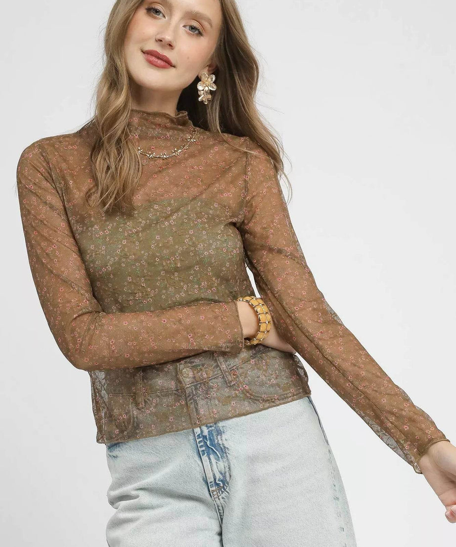 Umgee Nylon Lace Mesh Long Sleeve Top - ELY VESSA LLC